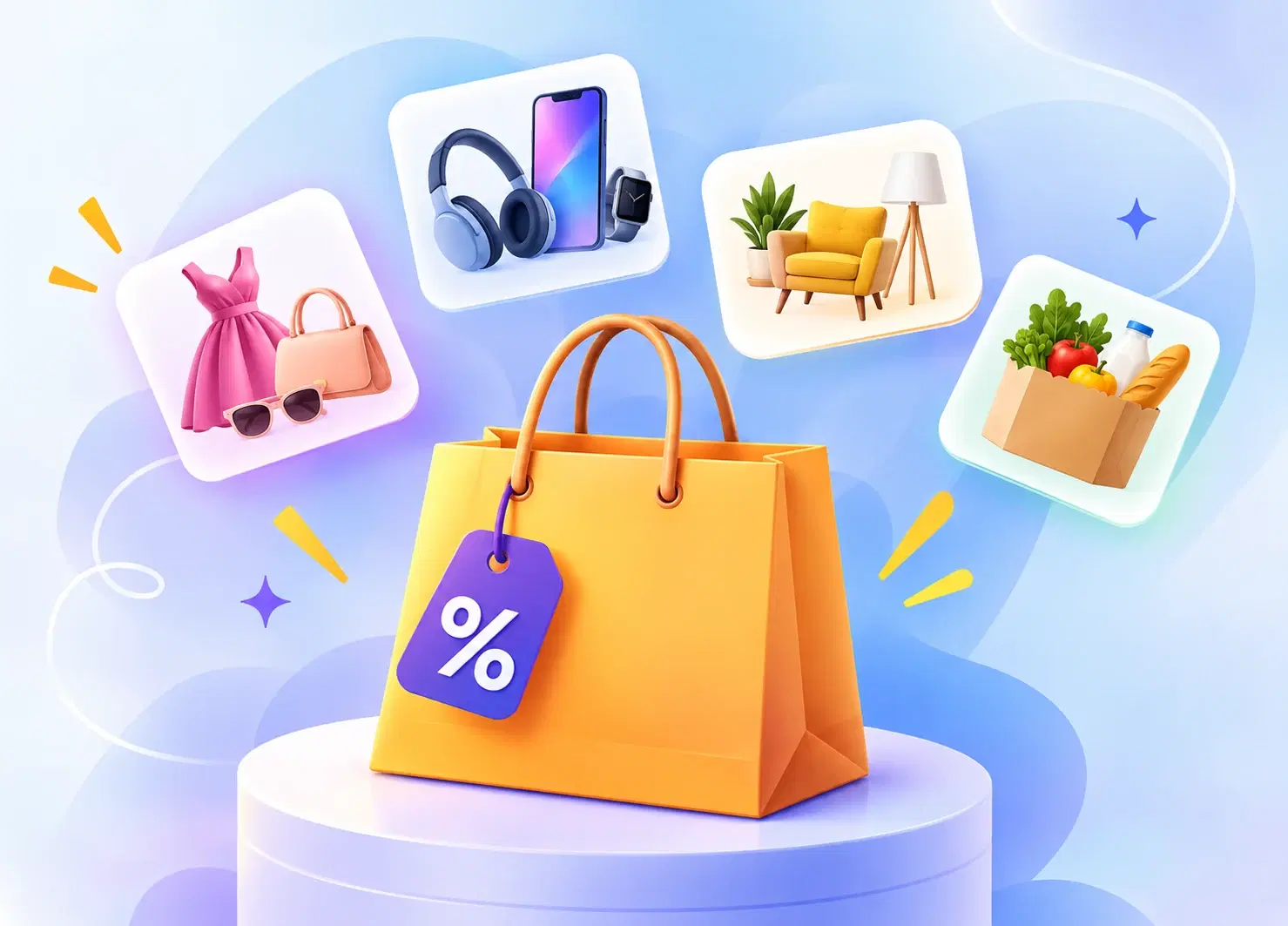 OffersBox shopping bag surrounded by fashion, electronics, home and grocery deals