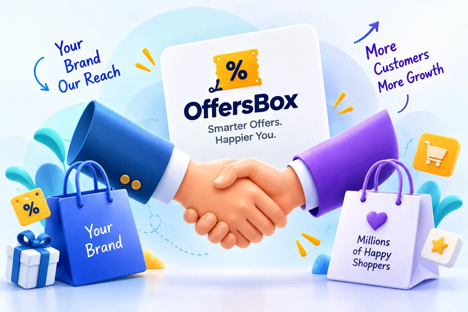 A brand and OffersBox shaking hands — your brand, our reach, more customers and more growth